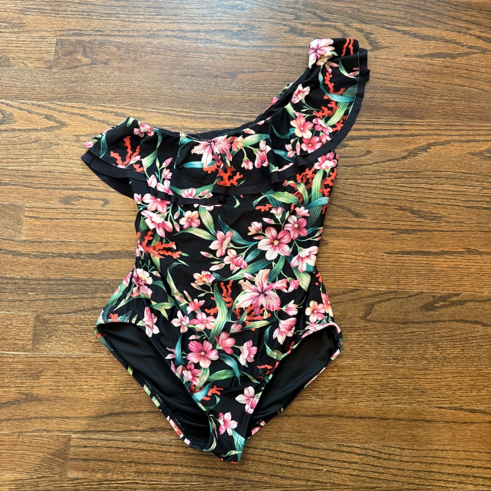 Carmen Marc Valvo Floral One-Shoulder Ruffle One Piece Swimsuit - Picture 1 of 3